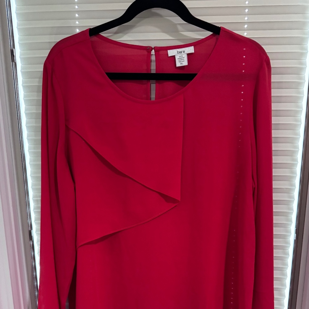 Bar III red Chiffon Blouse XL | Asymmetrical Ruffle Front Long Sleeve Dressy Top